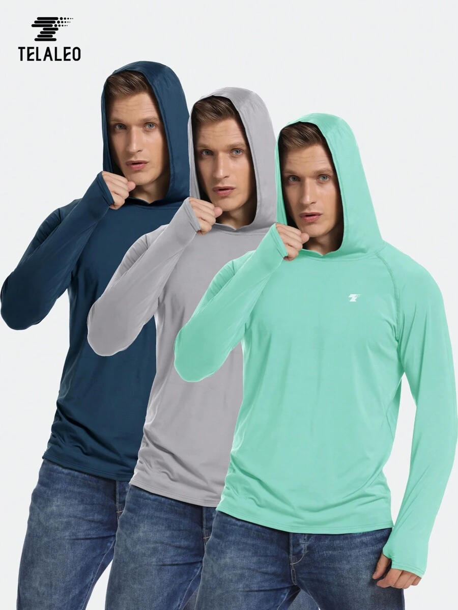 TELALEO 3pcs/Set Men's UPF50+ Lightweight Hooded Long Sleeve Sun Protection Shirt, Suitable For Fishing And Hiking - Multicolor - View 1