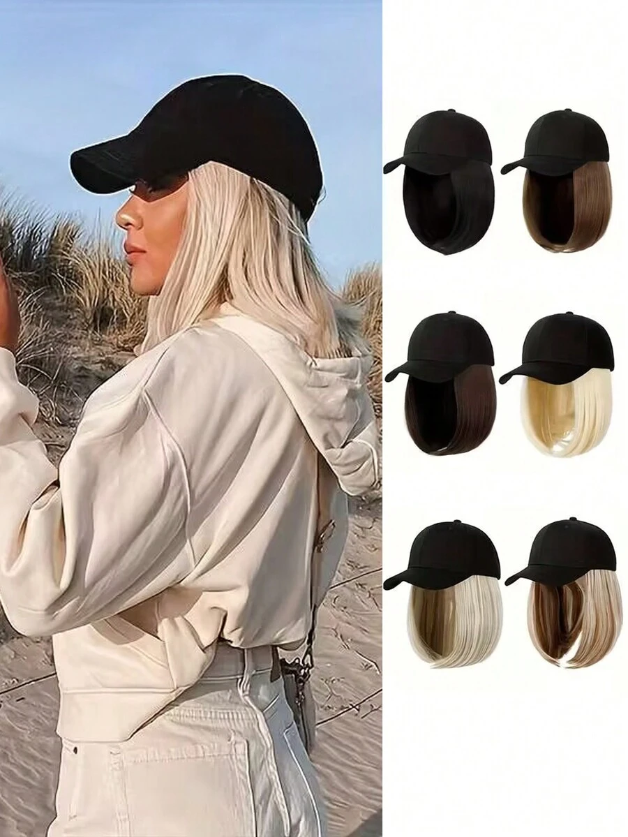 Baseball Cap With Synthetic Hair Extensions 10 Inches Straight Short Bob Hairstyle Adjustable Wig Hat For Women Girls - Multicolor - View 1