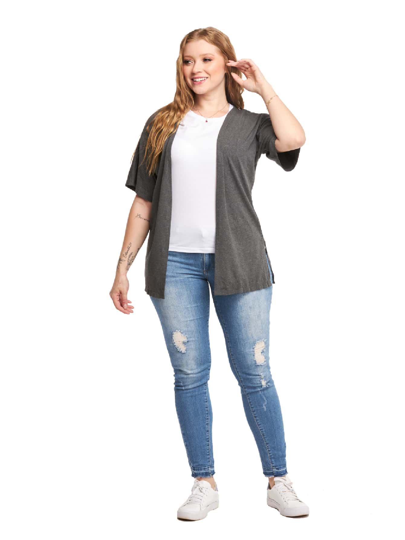Cardigan Kimono em Viscolycra com Fenda Lateral e Manga 3/4 - CA4 - Cinza - Visão 1