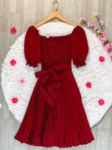 Pleated Midi Waist Elastex Dress - Burgundy - View 1