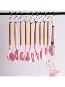 Set 12 espatulas utensilios de cocina de silicona con mango de madera - Rosa Pálido - Ver 2