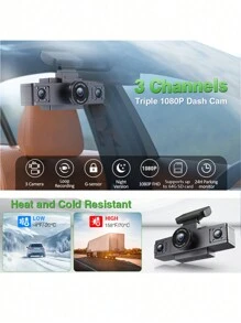 GMAIPOP 1pc Dash Cam 3 Channel Video Recorder Three Lens Car Camera Black Box