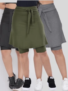 Kit 3 Short Fitness Skirt Moda Evangelica With Bow Modest Training - 彩色 - 查看 1