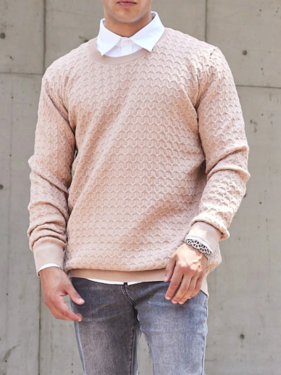NITAGUT 男士秋冬圆领休闲纯色针织提花套头衫 - 卡其色 - 查看 1
