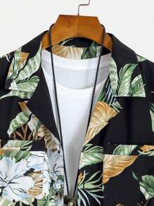 Men's Botanical Print Front Button Pocket Short Sleeve Shirt, Summer - Black - View 3