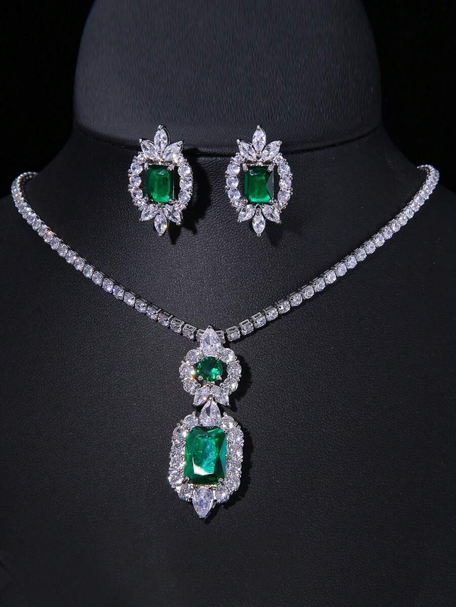 2 Cái Đính Đá Cubic Zirconia Chất Lượng Cao Màu Vàng Trắng Đính Đá Cubic Zirconia Cưới Cô Dâu Vòng Cổ Và Bộ Bông Tai Làm Quà - màu xanh lá - Xem 1