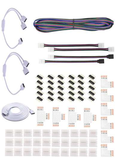 1 set de 78 pièces Kit de connecteur 4 broches pour bande LED 5050 10 mm, comprend des câbles d'extension, des connecteurs en L, des connecteurs en T, des clips sans soudure - Pour la DIY et la distribution de bandes LED RVB