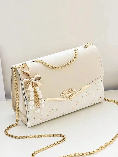 PLANEE Bow & Faux Pearl Decor Square Flap Chain Crossbody Bag, Glossy PU Leather Mini Fashionable Flap Bag, Adjustable Strap For Women, Best Personalized Gift For Women, Mothers, Girlfriends, Ideal Mother's Day Gift, Fashionable Bow Women Wallet