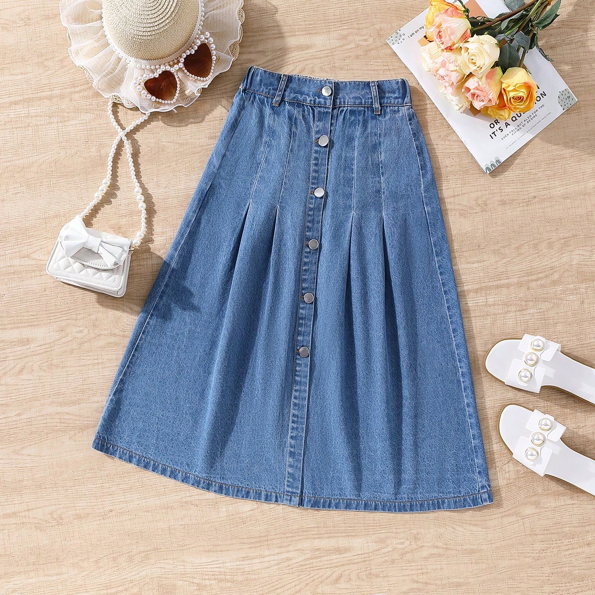 Falda vaquera larga de línea A con botones delanteros, estilo minimalista casual, adecuada para salidas y reuniones, para todas las estaciones