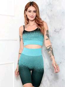 YOGA SET FASHION FITNESS SEAMLESS GRADE SHORT AND TOP - 淺藍色 - 查看 3