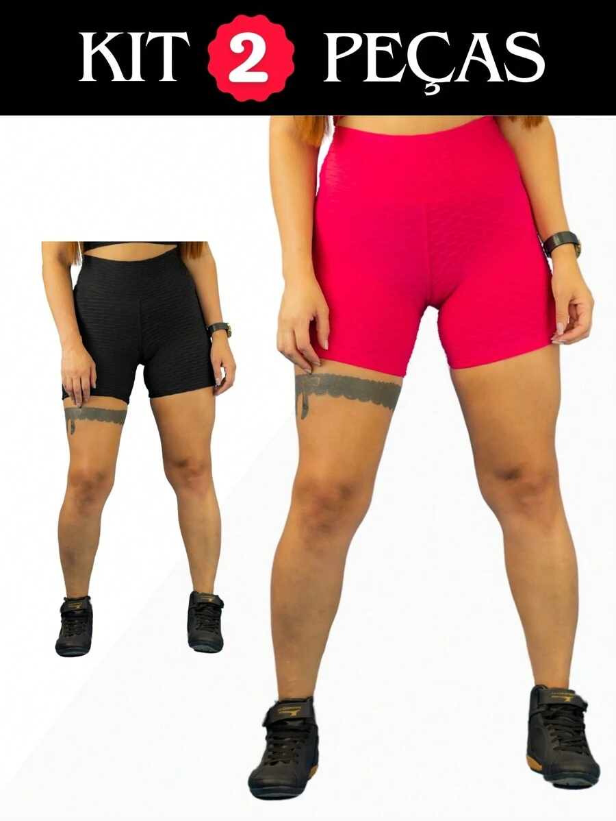 Kit 2 Women's Textured Bubble Shorts Academia Fitness - 玫紅色 - 查看 1
