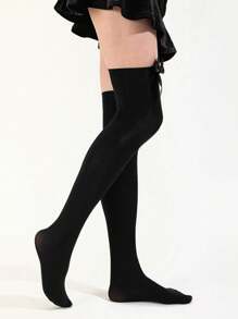 可爱性感蝴蝶结过膝高筒袜，轻盈透气清新款式百搭小腿袜 - 黑色 - 查看 4