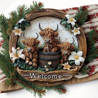 1pc 8"X8" Charming Highland Cow & Lily 8"X8" Sign - UV Resistant, Scratch-Resistant, Easy To Hang Indoor/Outdoor Halloween Decor, Random Hole Position Design,Home Decor ,Room Decor,Wall Decor Gifts Birthday Graduation