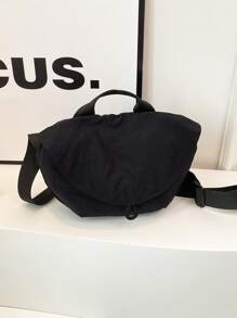 运动休闲风格纯色可调节肩带大容量斜挎包，顶部提手翻盖包，日常包，适合大学/学院教室/通勤/工作/节日/度假/假日，适合女性、新手和白领人士，女孩，大学生，女孩，大学生，女士 - 黑色 - 查看 7