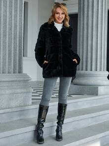 Eilly Bazar Plus Size Fluffy Collar Ruched Coat, For Winter - Black - View 3