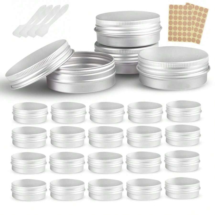 24 Pcs Aluminum Tin Jar Refillable Containers, Aluminum Tin Cans With Screw Lid And Labels, Refillable Travel Sized Cosmetic Containers Small Tins For Lip Balm, Lotion, Cream, Masks, Mini Candles, Cosmetics