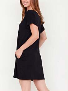Boho Retro Rayon Cool Soft Summer Cuff Short Sleeve Crew Neck T Shirt Mini Dress Tunic With Pockets - Black - View 4