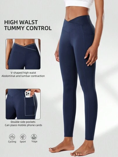 女士高腰瑜伽裤，侧边口袋，V型腰线，塑形收腹，压缩紧身裤，适合运动、普拉提、健身紧身裤