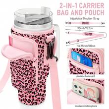 Water Bottle Carrier Bag With Phone Pocket For Cup 40 Oz Tumbler With Handle Neoprene,Portable Water Bottle Holder Pouch  With Adjustable Strap For Cup Accessories,Storing Cards,Phones And Other Small Item - A-粉紅色豹紋 - 查看 3