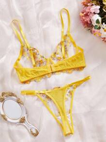 Conjunto de lencería íntima de 2 piezas con bordado floral transparente para mujer, ropa de dormir romántica para luna de miel, rave - Amarillo - Ver 5