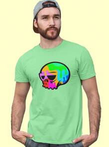 Men's Colorful Skull T-Shirt Basic Casual Printed Blouse With Unisex Print Premium Fabric - 橄欖綠 - 查看 1