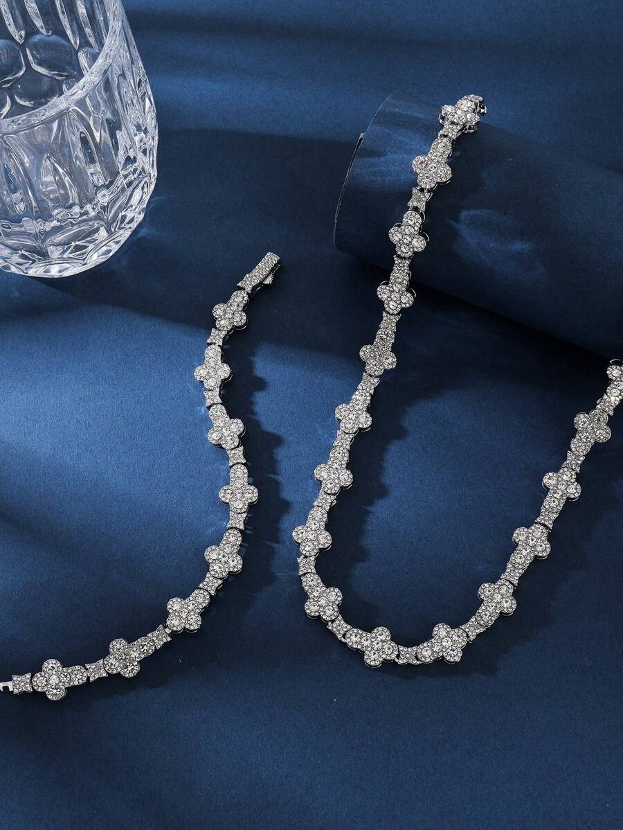 Collar de cadena de hip hop con colgante de cruz con estrella de strass de 13mm y pulsera a juego, unisex