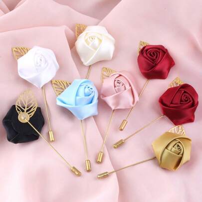 金属叶多色胸针，适合新郎、伴郎 - 海军蓝色翻领花，适合新娘、伴娘、毕业典礼、婚礼派对、舞会