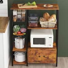 Modern Freestanding Kitchen Bakers Rack With 2 Baskets,Microwave Oven Stand With Shelves,Utility Storage Shelf With Metal Frame,Small Coffee Bar Station,Brown