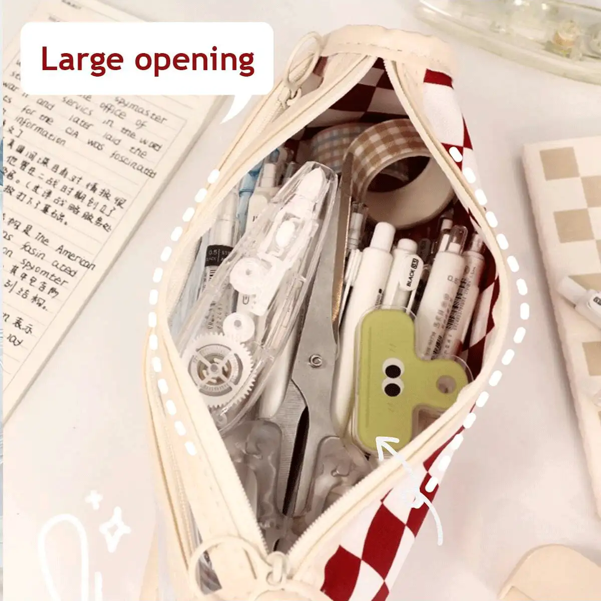 1 Túi đựng bút hình bàn cờ, Trong suốt chống thấm nước, Đen Xanh Hồng, 2 lớp, Thẩm mỹ, Túi đựng bút, Túi đựng văn phòng phẩm, Đồ dùng học tập cho học sinh trở lại trường - màu đen - Xem 6