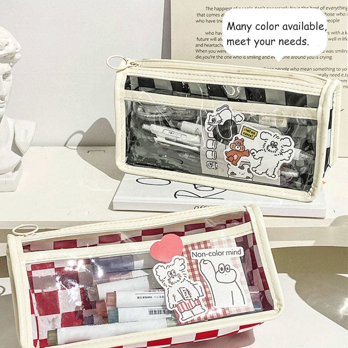 1个棋盘格笔袋，透明防水，黑色蓝色粉色，2层，美观，笔袋文具袋收纳袋，学生返校文具，学校用品 - 黑色 - 查看 3