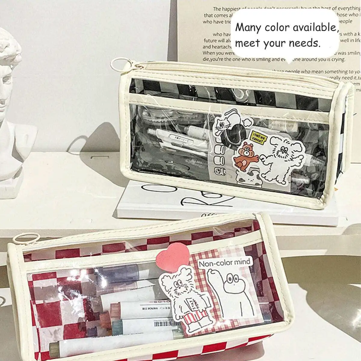 1 Túi đựng bút hình bàn cờ, Trong suốt chống thấm nước, Đen Xanh Hồng, 2 lớp, Thẩm mỹ, Túi đựng bút, Túi đựng văn phòng phẩm, Đồ dùng học tập cho học sinh trở lại trường - màu đen - Xem 3