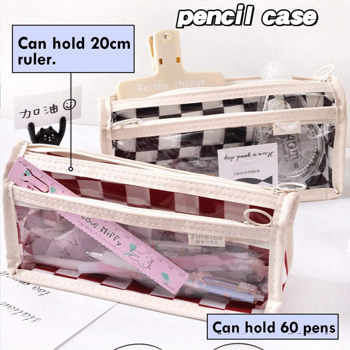 1 Túi đựng bút hình bàn cờ, Trong suốt chống thấm nước, Đen Xanh Hồng, 2 lớp, Thẩm mỹ, Túi đựng bút, Túi đựng văn phòng phẩm, Đồ dùng học tập cho học sinh trở lại trường - màu đen - Xem 4