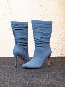 Women's Pointed Toe Ruched Mid-Calf Boots, Blue High Heel Over-The-Knee Boots - Blue - View 5