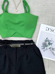 Women's Neoprene Cropped Set With Padding + Linen Shorts With Belt - màu đen - Xem 3