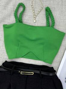 Women's Neoprene Cropped Set With Padding + Linen Shorts With Belt - màu đen - Xem 2