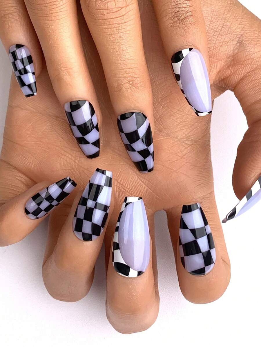 emtog 28pcs Asymmetrical Twisted Plaid Nail Stickers Buff Block & Gel Nail Polish, Black White Blue Grid Patterns