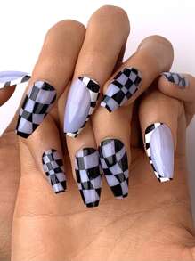 emtog 28pcs Asymmetrical Twisted Plaid Nail Stickers Buff Block & Gel Nail Polish, Black White Blue Grid Patterns - Blue - View 3