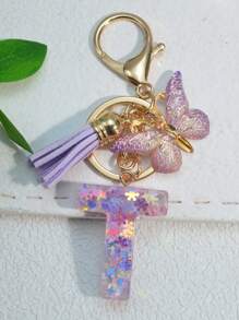 1个字母雪花树脂钥匙扣，女士包包挂饰，蝴蝶流苏礼品，汽车配件，书包配件，带证件夹的挂绳，汽车配件，包包挂饰，送给母亲、父亲、毕业生和老师的礼物 - 紫色 - 查看 14