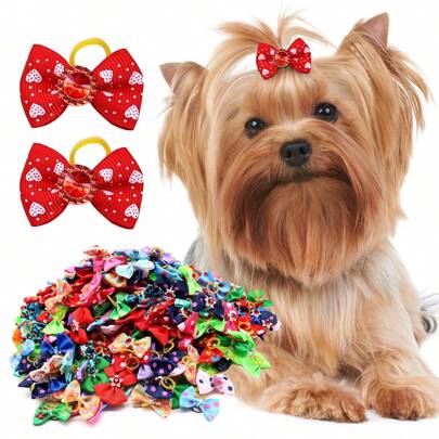 30pcs/ Handmade Small Puppy Dog Hair Bows Pet Dog Hair Accessories Flower Bows Dog Grooming Bows For Small Dogs Pet Products,Christmas,Christmas Decorations