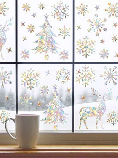 2 hojas de calcomanías decorativas de Navidad con diseños de copos de nieve, alces y arcoíris para ventanas, adhesivos de PVC de vidrio traslúcido para decoración de Año Nuevo y Navidad