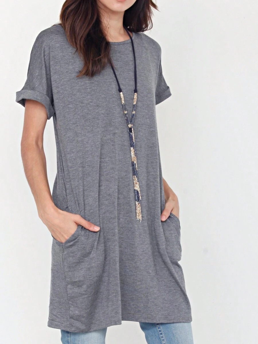 Boho Retro Rayon Cool Soft Summer Cuff Short Sleeve Crew Neck T Shirt Mini Dress Tunic With Pockets - 深灰色 - 查看 1