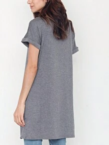 Boho Retro Rayon Cool Soft Summer Cuff Short Sleeve Crew Neck T Shirt Mini Dress Tunic With Pockets - 深灰色 - 查看 2