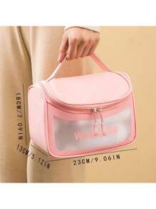 1 件粉色透明化妆包，磨砂 PU 翻盖化妆包，PVC 半透明便携式旅行收纳袋，女士适用，书包收纳袋，返校用品，浴室配件，节日必需品，小袋，巡航必需品，旅行配件袋 - 粉色 - 查看 2