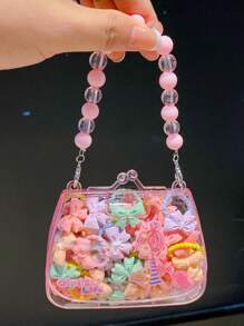 20 pièces Lot de pinces à cheveux mignons avec fleurs et nœuds de dessin animé, pour les filles - Bandeaux élastiques colorés avec boîte à bijoux perlée pour queue de cheval