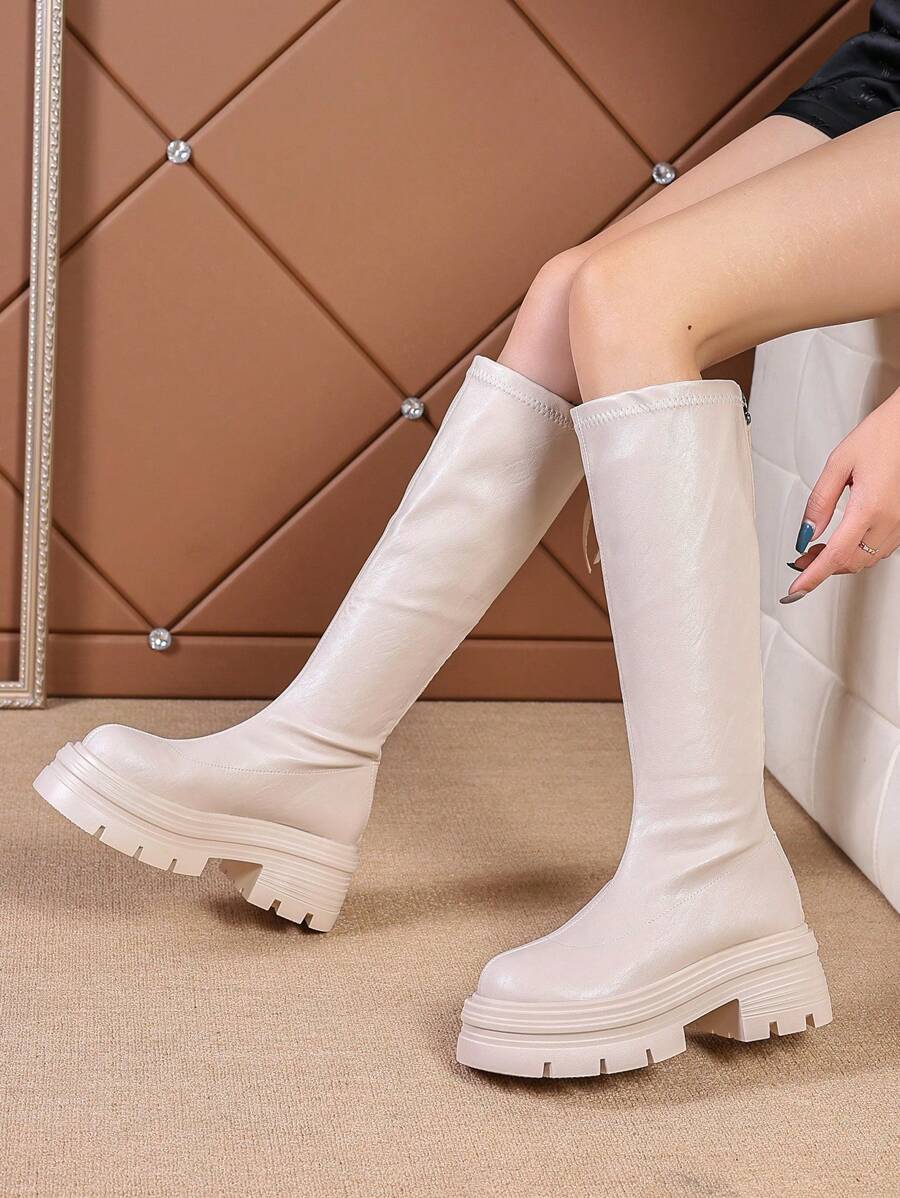 Botas de plataforma impermeables de estilo vintage en beige para mujer, botas de montar por encima de la rodilla, botas de pantorrilla alta con suela gruesa para otoño/invierno