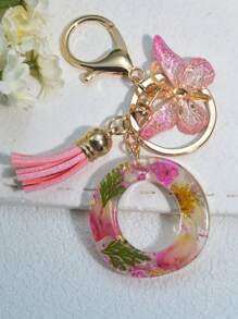 One Initial Keychain For Girl And Ladies, Pink Cute Dry Flower Dandelion Key Chain, Backpack/Handbag Decoration, Butterfly Tassel, Gift Car Accessories Bag Charm School Goth Y2k