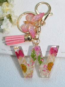 One Initial Keychain For Girl And Ladies, Pink Cute Dry Flower Dandelion Key Chain, Backpack/Handbag Decoration, Butterfly Tassel, Gift Car Accessories Bag Charm School Goth Y2k