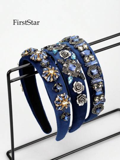 1PC Women Navy Blue Rhinestone Flower Headbands Shiny Crystal Vintage Hairbands For Party Hair Accessories, Hair Band, Hair Hoop, Autumn