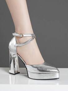 女士镂空高跟鞋，超高跟，粉色、杏色、白色、黑色、红色、银色、金色可选，时尚百搭 - 銀色 - 查看 3