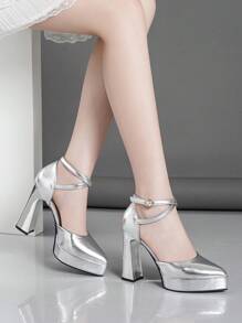 女士镂空高跟鞋，超高跟，粉色、杏色、白色、黑色、红色、银色、金色可选，时尚百搭 - 銀色 - 查看 5